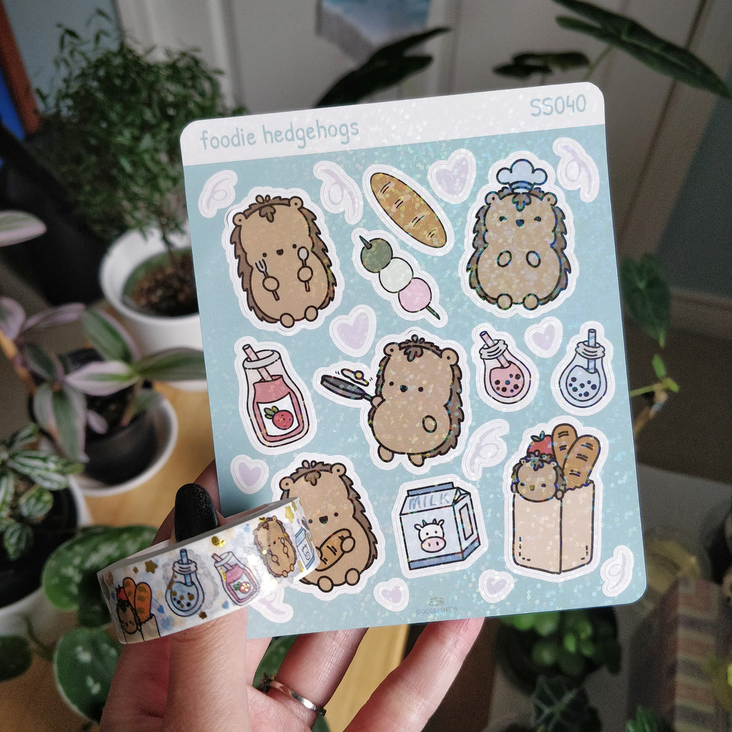 Foodie Hedgehogs Bundle (Holographic Stickers + Gold Foiled Washi Tape)