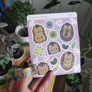 Flower Hedgehogs Bundle (Holographic Stickers + Gold Foiled Washi Tape)
